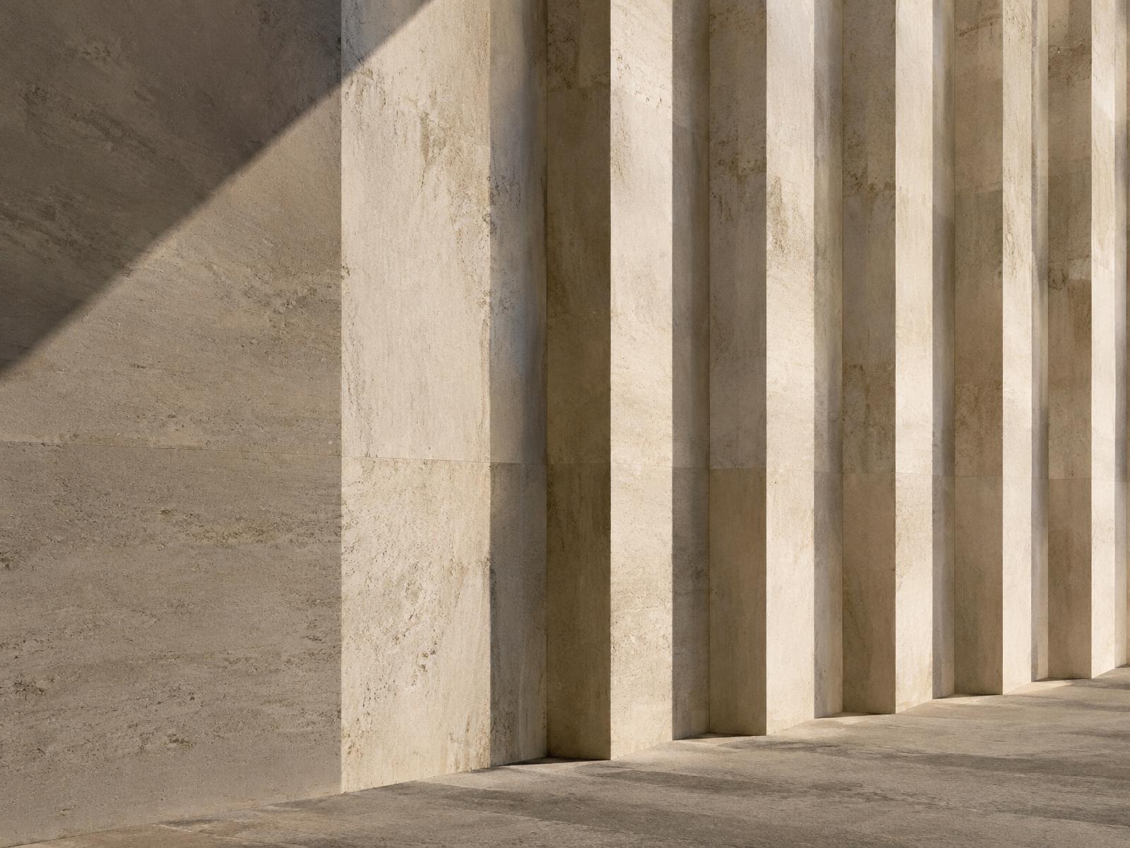 Limestone architectural detail in raking daylight